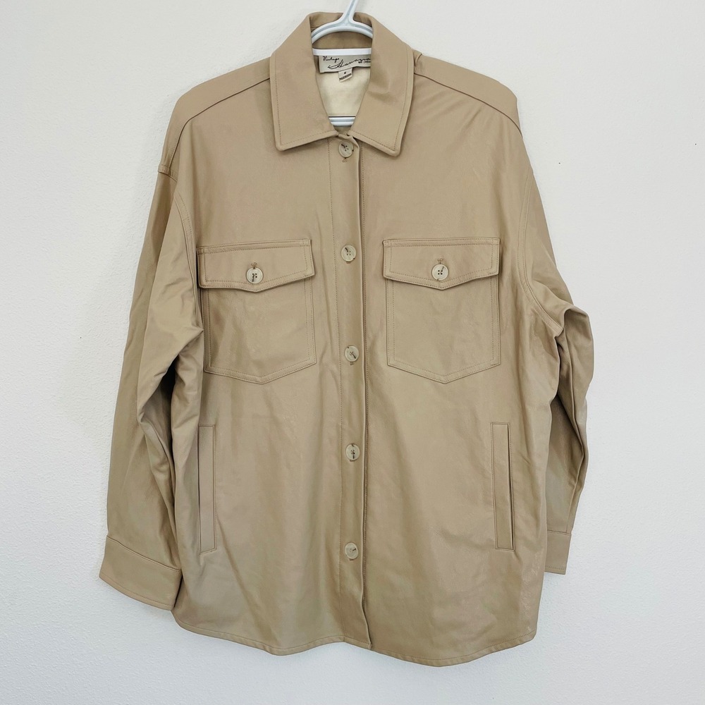 Womens Vintage Havana Tan Vegan Leather Shacket Button Front Jacket Oversized SM